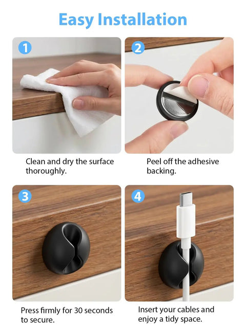 Step-by-step installation of Six Pack Black Cord Organizer Clips For Cables And Chargers on a wooden surface.
