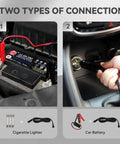 Diagram showing two connection methods for "Electric Scissor Car Jack Kit 3 Ton 12V Portable Auto Lift With 17.7 Inch Lift Range For SUV And Sedan Floor Jack For Quick Tire Change And Roadside Emergency No Fuss One Button Lift Includes Handle Wrench" including cigarette lighter and car battery.