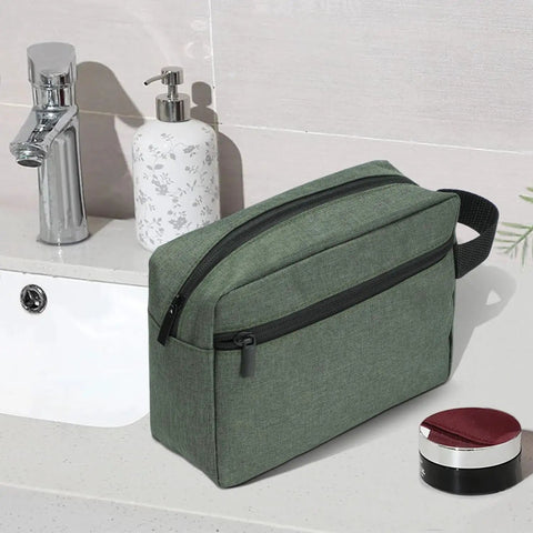 Mens Toiletry Bag For Travel And Grooming, Compact Portable Organizer Kit For Shaving And Skincare Essentials, Army Green Travel Pouch on sink