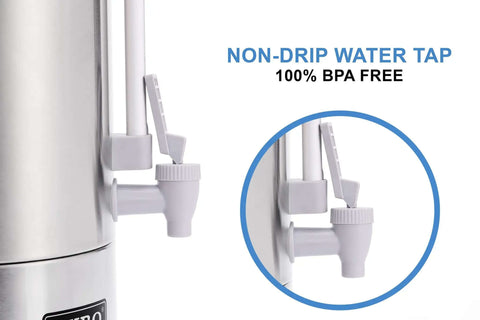 Close-up of the non-drip water tap on a Commercial Grade Stainless Steel Percolator Coffee Urn For Catering 100 Cup 16 Liter.