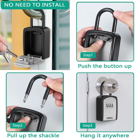 Key Safe Box For Home And Outdoors With 4 Digit Combination Locks, Waterproof, showing removable shackle and easy setup.