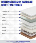 Diamond drill bits front view graphic listing materials: tile, ceramic, glass, acrylic, quartz, marble, brick.