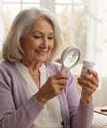 Senior woman using Handheld Magnifier With Light 3X And 45X Dual Magnification Loupe to read medication bottle.