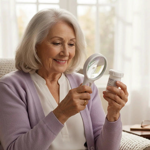 Senior woman using Handheld Magnifier With Light 3X And 45X Dual Magnification Loupe to read medication bottle.