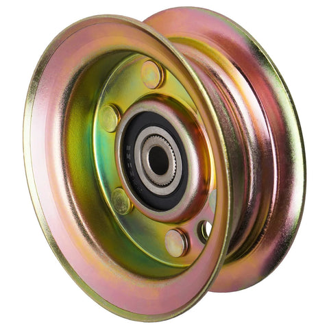 Close-up of flat idler pulley with bearing, iridescent metal finish for lawn mowers
