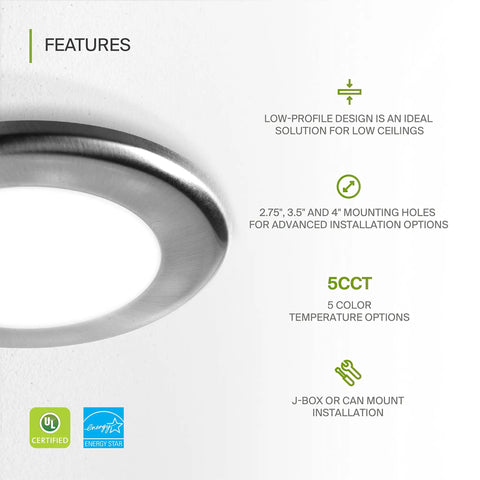 Close-up of 12 Pack 4 Inch LED Disk Lights, 10W, 5CCT 2700K-5000K, 685 Lumens, CRI90, Dimmable, low-profile design, certified icons visible.
