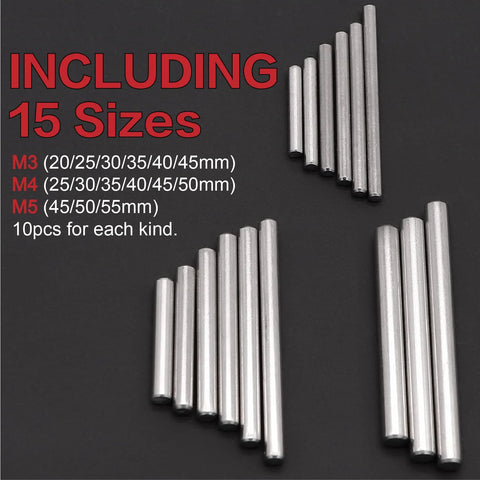 Stainless steel dowel pin set, 150 pcs, M3/M4/M5 sizes, assorted lengths with storage box