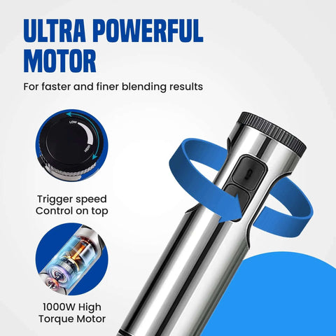 Top Shelf 4 In 1 Immersion Hand Blender Set That Features An 800W Motor And Eight Quick Gears, showcasing the control dial and motor.