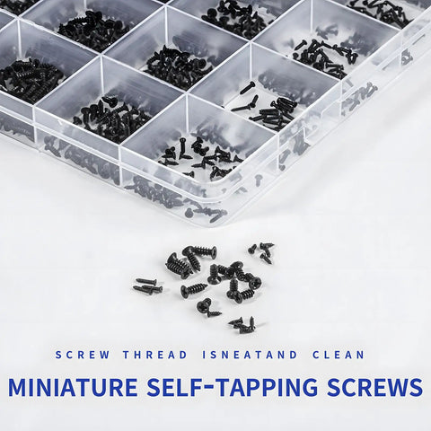 Close-up of a box with 1560 Pieces Black Flat Head Self Tapping Screws Set for Woodworking and Electronics, assorted sizes.