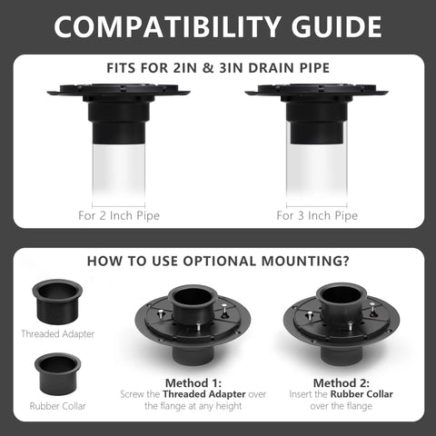 Compatibility guide image for Slick Top Shelf Four Inch Square Shower Drain showing 2 inch and 3 inch drain pipe fittings.