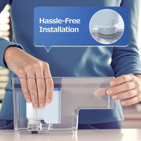 AquaClean water filter being installed in a transparent Philips coffee machine reservoir