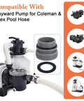 Universal Pool Hose Conversion Adapters Kit 40mm To One And A Half Inch Four Pack shown with compatible pump models.