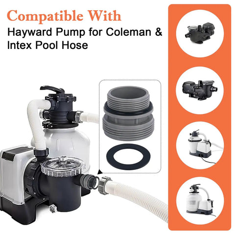 Universal Pool Hose Conversion Adapters Kit 40mm To One And A Half Inch Four Pack shown with compatible pump models.