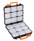 Open detachable 16 section toolbox with 13.5 inch removable toolbox showing dual sided storage for screws nuts bolts and small tools.