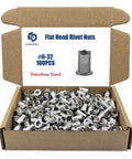 Open box of 6-32 Stainless Steel Rivet Nuts Set, 100 Pcs Flat Head Knurled Threaded Inserts, Anti Rotation Rivet Nuts For Metal Sheets