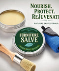 Heavy Duty Furniture Salve For Wood And Leather Polish Conditioner That Knocks Out Nicks And Buffs Scuffs While Delivering A Smooth Satin Finish To Keep Your Home Goods Looking Sharp, 4 oz tin with brush and cloth.