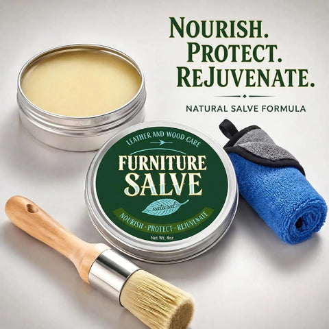 Heavy Duty Furniture Salve For Wood And Leather Polish Conditioner That Knocks Out Nicks And Buffs Scuffs While Delivering A Smooth Satin Finish To Keep Your Home Goods Looking Sharp, 4 oz tin with brush and cloth.