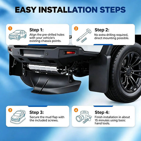 Easy installation steps for Precision Match Tesla Cybertruck Mud Flaps Splash Guards For 2024 with mounting details.