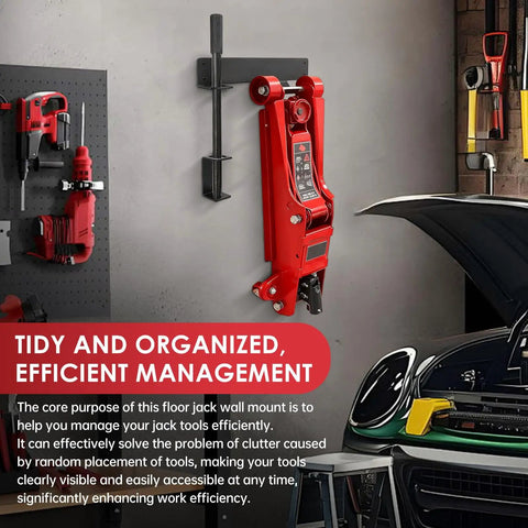 Floor Jack Wall Mount With Handle Holder For Easy Garage Storage And Quick Access Heavy Duty Jack Holder And Hydraulic Trolley Stand Accessory installed in a garage wall with tools and car visible.