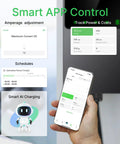 App control features for Smart Level 2 EV Charger Up To 50 Amp 240 Volt Indoor Outdoor Car Charging Station With J1772 Connector WiFi And Bluetooth Enabled EVSE Hardwired 25 Foot Cable With Separate Holster Dark Gray.