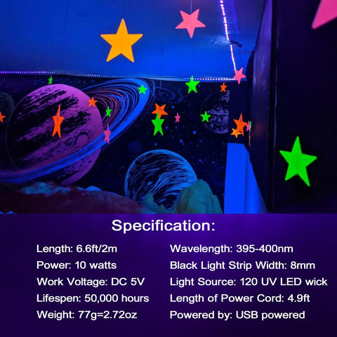 Room with glow-in-the-dark stars and planets lit by Lit 6.6Ft Black Light Strip With 120 UV LEDs 395-400nm USB 5V Flexible Indoor Decor Lighting