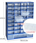 Dope 33 Drawer Plastic Small Parts Organizer with clear drawers for hardware, beads, crafts, and tools, blue, dimensions shown.