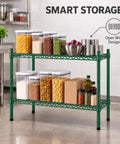 Badass Two Shelf Heavy Duty Wire Shelving Unit, 14x60x27 Green Epoxy NSF Rack For Kitchen Garage showcasing food containers and spices.