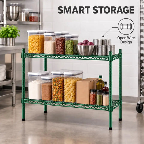 Badass Two Shelf Heavy Duty Wire Shelving Unit, 14x60x27 Green Epoxy NSF Rack For Kitchen Garage showcasing food containers and spices.