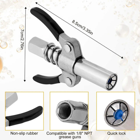 Grease Gun Accessory Kit That Hooks You Up With 18 Inch Spring Flex Hose Normal Coupler And Double Handle Quick Lock Release Coupler Tips Nozzles For All One Eighth Inch NPT Grease Gun Adapter Fittings Ten Thousand PSI, quick-lock coupler close-up.