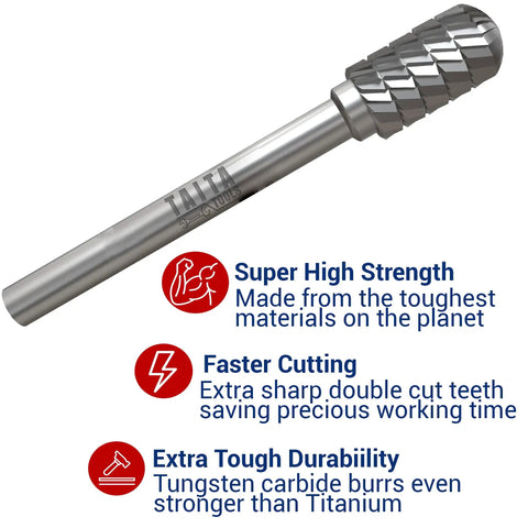 Five Piece Carbide Burr Set With One Quarter Inch Shank Beefy Double Cut Rotary Bits For Die Grinders Ideal For Wood Carving