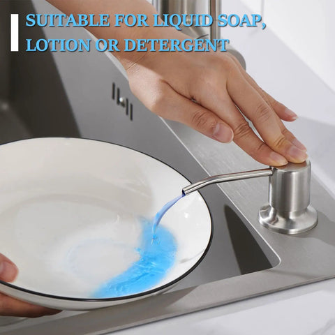 Brushed Nickel Sink Soap Dispenser For Kitchen Sink Stainless Steel Build 17 Oz Refill Bottle Built In Design Easy Top Refill dispensing soap into a dish