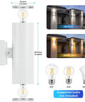 Diagram showing dimensions of Two Pack White Outdoor Wall Sconces With Dusk To Dawn Auto On Off, light effect examples, and bulb suggestions.