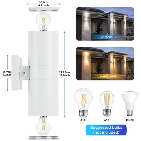 Diagram showing dimensions of Two Pack White Outdoor Wall Sconces With Dusk To Dawn Auto On Off, light effect examples, and bulb suggestions.