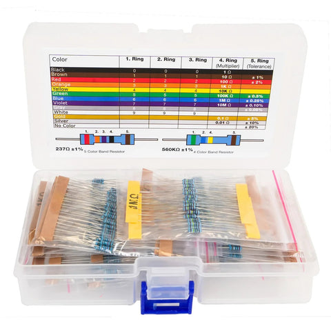 Delon Technology resistor assortment kit in a clear plastic box; 525 metal film resistors, 0Ω–1MΩ, 1/4W, 1% tolerance