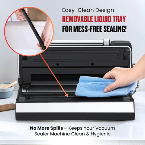 Heavy Duty Vacuum Sealer Machine Packing 90Kpa Suction And Double Seal, showing removable drip tray for easy cleaning.