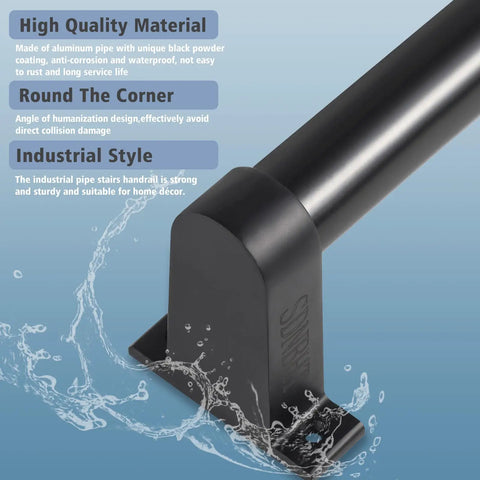 Heavy Duty Aluminum Stair Handrail For Indoor Outdoor Steps Wall Mounted Pipe Railing With Badass Black Powder Coating close-up view