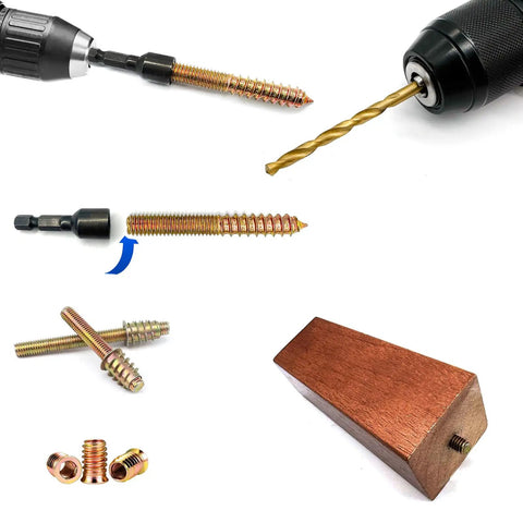 25 Pack 1/4-20 X 2 Inch Hanger Bolts With Rust Proof Zinc Finish Includes Steel Driver And HSS Drill Bit Heavy Gauge Double Ended Screws shown with driver and wood piece.