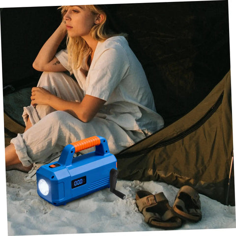 Upgrade Your Setup With This Super Cool Unomor Plastic Hand Crank Handle Replacement Featuring A Sweet 10mm Round Hole For Milling Machines Work Benches And Camping Gear Ergonomic Grip Makes It Easy Peasy To Use Lightweight Durable Design Ensures Long, blue manual crank light next to a camper on a sandy beach at dusk.