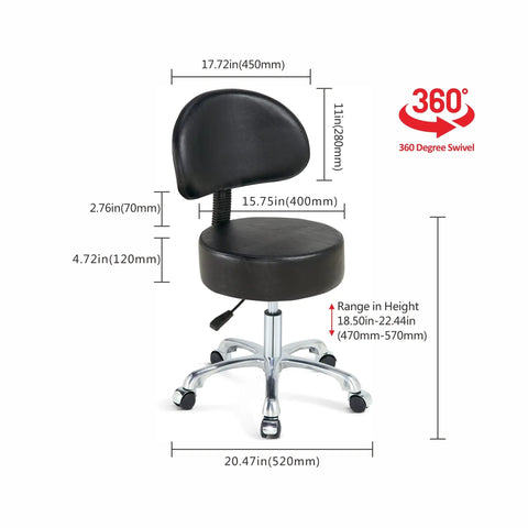 Swivel Rolling Stool With Thick Cushioned Pad, 360 Degree Adjustable Height Office Chair on Quiet Casters, with dimensions