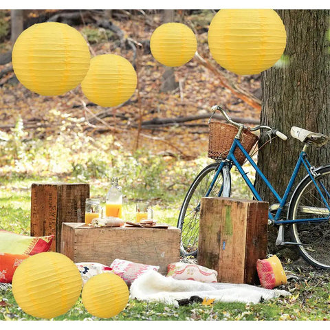 Bright Yellow Round Paper Lanterns Set, 10 Pack With Two Lanterns Each In 4 6 8 10 And 12 Inch Sizes, Easy To Assemble Hanging Decor That Brings A Fun Vibe To Birthday Parties, Weddings, Baby Showers, Halloween And Home Party Decor