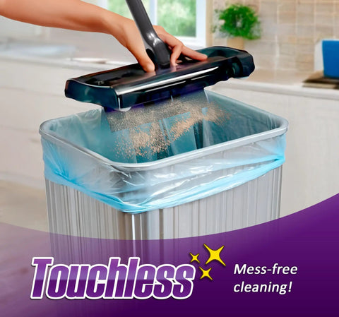 Lightweight Cordless Electric Sweeper With Quad Brush Design For No Sweat Floor Cleaning Picks Up Pet Hair And Nitty Gritty Dust From Tile Wood Carpet Featuring Effortless Gliding Action In Purple, cleaning dust into a touchless bin.