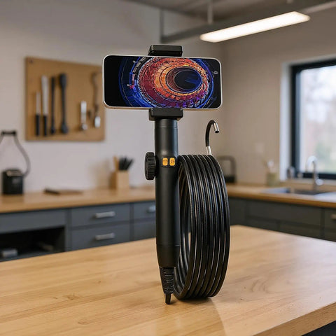 Built Like A Tank Compact Borescope With Flex Head For Snaking Through Tight Conduits On Rough Crewsites Fully Waterproof Industrial Endoscope set on a wooden table.