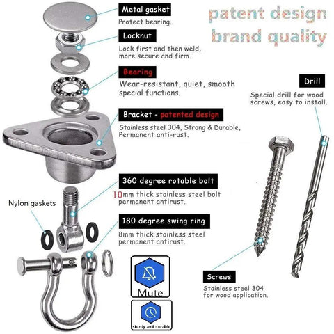 Exploded view of Stainless Steel Hanger With Smooth Swing Bearings Beefy Heavy Duty 180 Degree And 360 Degree Swivel Hooks 1500 Lb Capacity Perfect For Porch Swing Yoga Hammock Chair Gym Suspension And Indoor Outdoor Use showing components and features.