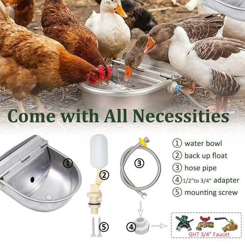 Automatic Dog Water Dispenser With Smart Float Valve Auto Filling Water Bowl For Cats Pups And Livestock Indoor Outdoor Hydration Station with accessories.
