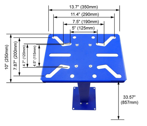 Sturdy Bench Grinder Stand With 13.7 Inch By 10 Inch Top Plate showing measurements and pre-drilled holes for universal fit.