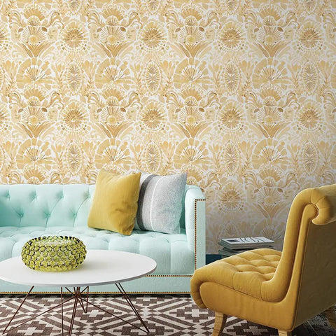 Yellow Boho Bohemia Damask Easy Peel And Stick Wallpaper Removable Self Adhesive Watercolor Design Repositionable No Glue Needed No Residue 20.5In By 16.5Ft Made In USA behind colorful furniture setup.