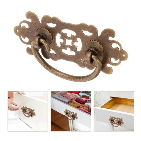 Old School Brass Drawer Pulls Set 2 Antique Cabinet Handles Small Retro Hollow Carved Brass Knobs For Dresser Restoration