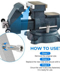 Shop Floor Approved Aluminum Vise Jaws With Offset Build Designed To Hold Firm At 5 1/2 Inches Wide And 3 Inch Center Spacing visible on a workshop bench vise.