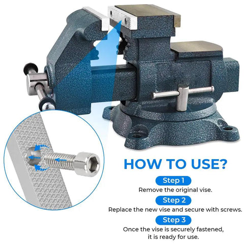 Shop Floor Approved Aluminum Vise Jaws With Offset Build Designed To Hold Firm At 5 1/2 Inches Wide And 3 Inch Center Spacing visible on a workshop bench vise.