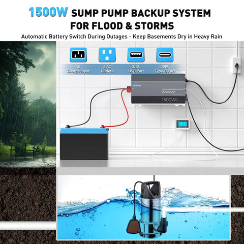 1500W Sump Pump Battery Backup System With Pure Sine Wave Inverter And Charger Basement Flood Protection During Power Outages